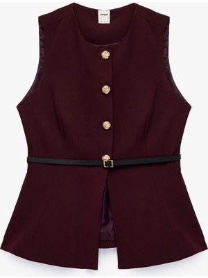 Koton Slim Fit Mücevher Düğmeli Bisiklet Yaka Kemerli Peplum Yelek