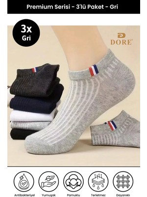 Dore Unisex 3 Çift Premium Pamuklu Esnek Konfor Modeli 4 Mevsim Spor & Günlük Kısa Patik Çorap Gri 36-39