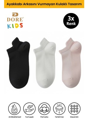 Dore Çocuklar Için 3 Çift Premium Pamuklu Cilt Dostu Kulaklı Konfor Modeli Çocuk Patik Çorap Siyah Beyaz Pembe 7-9 Yaş