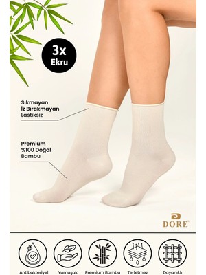 Dore Kadın 3 Çift Premium Yumuşak Konfor Modeli Lastiksiz & Dikişsiz Bambu Soket Çorap Ekru 36-39