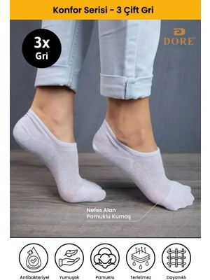 Dore Kadın 3 Çift Yazlık Lüks Modal Ultra Comfort Spor Ayakkabı Dikişsiz Görünmez Kısa Çorap Gri 36-39