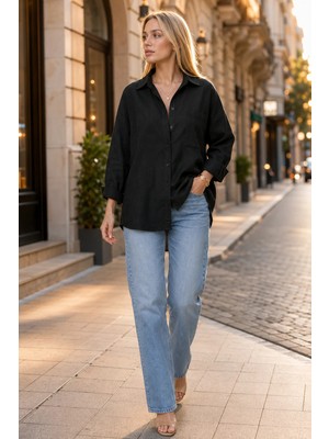 Exit Collection Kadın Siyah Pamuklu Keten Gömlek - Oversize Salaş Uzun Kollu Cepli Kadın Tesettür Gömlek Overshirt
