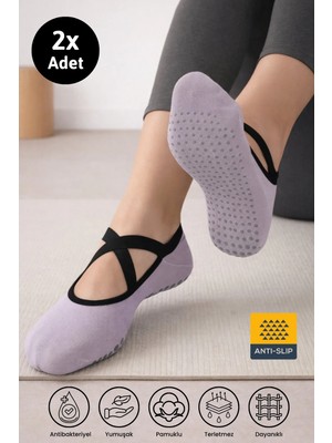 Dore Kadın 2 Çift Premium Pamuklu Kaymaz Taban Pilates Yoga Dans Tavaf Bale Biyeli Babet Çorap Lila Gri 36 - 42