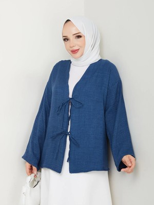 Exit Collection Kadın Tesettür Keten Önü Bağlamalı 2 Bağcıklı Modern Şık Etek Üsttü Petrol Mavisi Kimono Gömlek