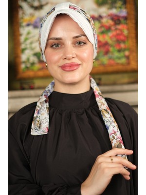 Hürrem Bone Krem Şapkalı Tesettür Bone Kesik Elyaf Desenli Şifon Kemerli 1902_40