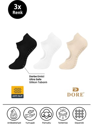 Dore Kadın 3 Çift Kaymaz Pilates ve Yoga Kaydırmaz Tabanlı Plates Bale Çorabı Siyah Beyaz Ten Çok Renkli 36 - 42