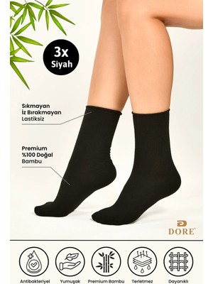 Dore Kadın 3 Çift Premium Yumuşak Konfor Modeli Lastiksiz & Dikişsiz Bambu Soket Çorap Siyah 36-39