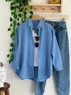 Exit Collection Kadın Abs Boyfriend Uzun Basic Mavi Tesettür Gömlek