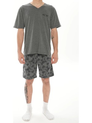 Relax Mode Erkek Antrasit V Yaka Desenli Şortlu Pijama Takımı - 13262