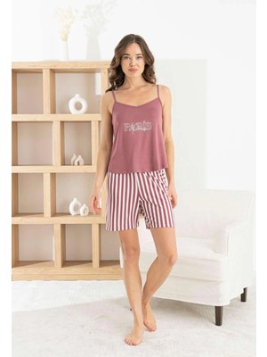 Relax Mode Kadın Bordo Ip Askılı Şortlu Takım - 7624-8R