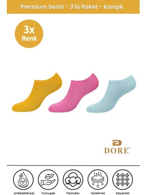 Dore 3 Çift Yazlık Premium Terletmeyen Konfor Modeli Nefes Alan Dikişsiz Görünmez Düz Renk Çorap Sarı - Pembe - Mavi 36-39