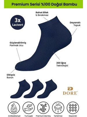 Dore Kadın 3 Çift Bambu Ultra Comfort Terletmeyen Spor Ayakkabı Sneaker Premium Patik Çorap Lacivert 36-39