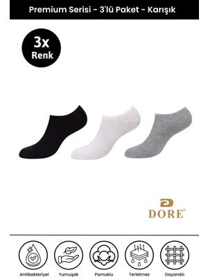 Dore 3 Çift Yazlık Premium Terletmeyen Konfor Modeli Nefes Alan Dikişsiz Görünmez Düz Renk Çorap Siyah - Beyaz - Gri 40-44