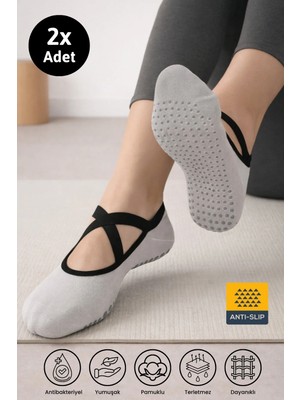 Dore Kadın 2 Çift Premium Pamuklu Kaymaz Taban Pilates Yoga Dans Tavaf Bale Biyeli Babet Çorap Krem 36 - 42