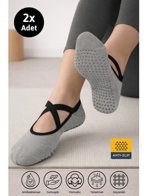 Dore Kadın 2 Çift Premium Pamuklu Kaymaz Taban Pilates Yoga Dans Tavaf Bale Biyeli Babet Çorap Melanj Gri 36 - 42