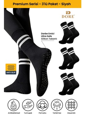 Dore Unisex 3 Çift Kaymaz Pilates ve Yoga Için Plates Kaydırmaz Tabanlı Çorap - Siyah 3'lü 36 - 42