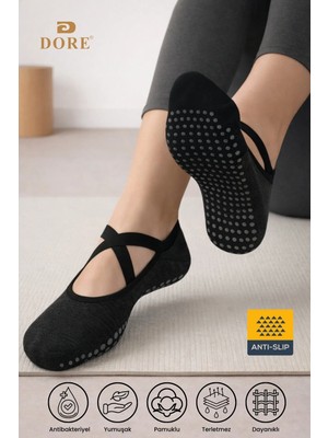 Dore Kadın Premium Pamuklu Kaymaz Taban Pilates Yoga Dans Tavaf Bale Biyeli Babet Model Çorap Antrasit Gri 36 - 42