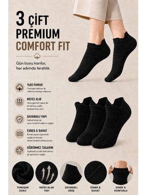 Dore 3 Çift Unisex Kulaklı Konfor Modeli Ter Emici Spor Ayakkabı Sneaker Pamuklu Bilek Boy Çorap Siyah 36-39