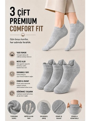 Dore 3 Çift Unisex Kulaklı Konfor Modeli Ter Emici Spor Ayakkabı Sneaker Pamuklu Bilek Boy Çorap Gri 36-39