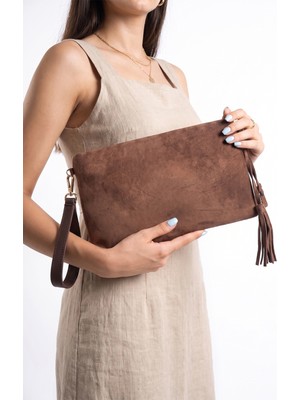 Luvi Morden Açık Kahverengi Süet Hakiki Deri Kadın Clutch Çanta