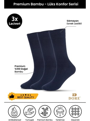 Dore Erkek 3 Çift Premium Bambu Dikişsiz Esnek Lastikli Konfor Modeli Uzun Soket Çorap Lacivert 40-44