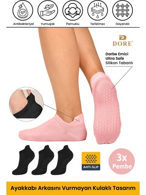 Dore Unisex Patik Model 3 Çift Pembe Kaymaz Taban Pilates Yoga Için Kaydırmaz Konforlu Çorap 36 - 42