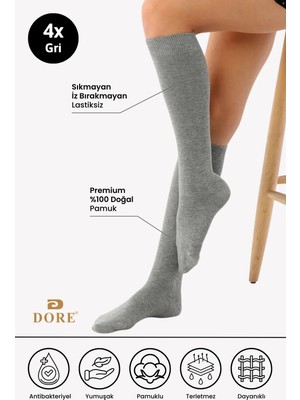 Dore Kadın 4 Çift Premium Dizaltı Pamuklu Penye Dikişsiz Teni Göstermeyen Diz Altı Lüks Çorap Gri 36 - 40