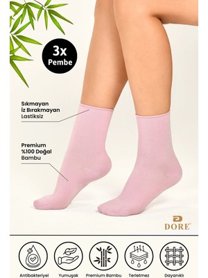 Dore Kadın 3 Çift Premium Yumuşak Konfor Modeli Lastiksiz & Dikişsiz Bambu Soket Çorap Pembe 36-39