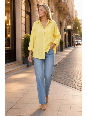 Exit Collection Kadın Sarı Pamuklu Keten Gömlek - Oversize Salaş Uzun Kollu Cepli Kadın Tesettür Gömlek Overshirt