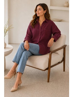 Exit Collection Kadın Bordo Pamuklu Keten Gömlek - Oversize Salaş Uzun Kollu Cepli Kadın Tesettür Gömlek Overshirt