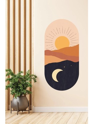 Kanvassepetinet Kendiliğinden Yapışkanlı Kumaş Kanvas Dokulu Duvar Kağıdı Boho Bohem  Güneş Ay ve Dağlar Elips  I