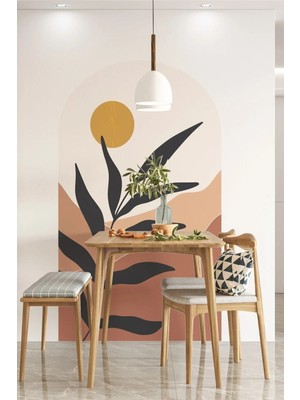Kanvassepetinet Kendiliğinden Yapışkanlı Kumaş Kanvas Dokulu Duvar Kağıdı Boho Bohem Tarz Dağ Güneş ve Yaprak Duvar