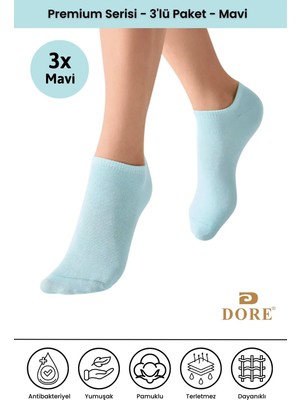 Dore 3 Çift Yazlık Premium Terletmeyen Konfor Modeli Nefes Alan Dikişsiz Görünmez Düz Renk Çorap Mavi 36-39
