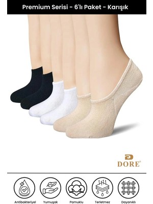 Dore 6 Çift Premium Konfor Modeli Spor Ayakkabı Sneaker Dikişsiz Görünmez Düz Renk Çorap Siyah Beyaz Bej 36 - 40