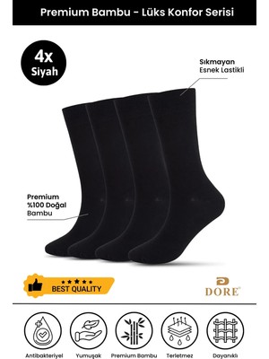 Dore Erkek 4 Çift Premium Bambu Dikişsiz Esnek Lastikli Konfor Modeli Uzun Soket Çorap Siyah 45-47
