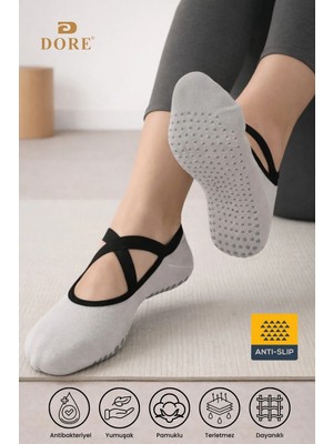 Dore Kadın Premium Pamuklu Kaymaz Taban Pilates Yoga Dans Tavaf Bale Biyeli Babet Model Çorap Krem 36 - 42