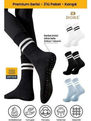 Dore Unisex 3 Çift Kaymaz Pilates ve Yoga Plates Kaydırmaz Tabanlı Çorap Beyaz Siyah Mavi 36 - 42