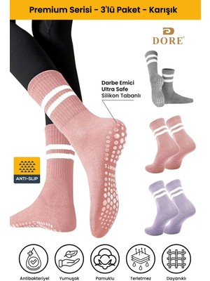 Dore Unisex 3 Çift Kaymaz Pilates ve Yoga Plates Kaydırmaz Tabanlı Çorap Gri Pembe Lila 36 - 42