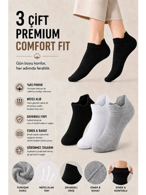 Dore 3 Çift Unisex Kulaklı Konfor Modeli Ter Emici Spor Ayakkabı Sneaker Pamuklu Bilek Boy Çorap Beyaz Siyah Gri 39-42