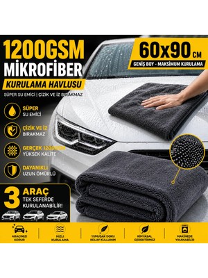 Polham XL 60X90CM 1200GSM Süper Su Emici Özellikli Mikrofiber Araç Kurulama Havlusu, Çizik ve Iz Bırakmaz Bez