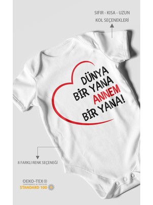 Morivo Kids Dünya Bir Yana Annem Bir Yana Kısa Kollu Bebek Body %100 Pamuk
