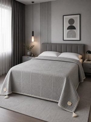 Türkühome Pamuklu Pike Yatak Örtüsü Püskül Detaylı ve Çoban Dikişli | 240 x 240 cm