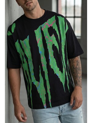 Herton Erkek Oversize "alien" Slime Grafik Baskılı Bisiklet Yaka Tişört