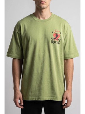 Herton Erkek Haki Boks Temalı Grafik Baskılı Salaş T-Shirt