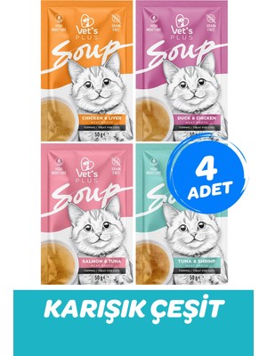 Vet's Plus Karışık Çeşit Kedi Çorbası 50GR x 4 Adet (Tahılsız Sıvı Kedi Ödülü)