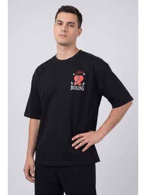 Herton Erkek Haki Boks Temalı Grafik Baskılı Salaş T-Shirt