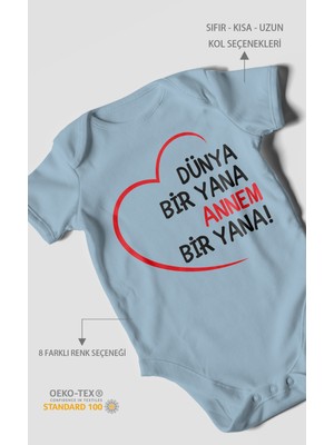 Morivo Kids Dünya Bir Yana Annem Bir Yana Kısa Kollu Bebek Body %100 Pamuk