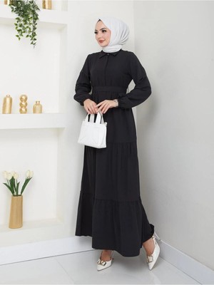 Exit Collection Kadın Tesettür Siyah Uzun Kuşaklı Önü Düğmeli Şık Modern Terikoton Elbise