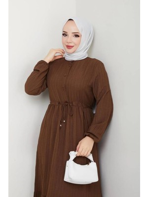 Exit Collection Kadın Tesettür Uzun Kahverengi Bürümcük Elbise