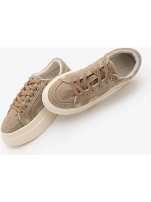 Marjin Kadın Sneaker Kalın Taban Denim Çıkarılabilir Boncuklu Tokalı Spor Ayakkabı Pevosa Bej Kot
